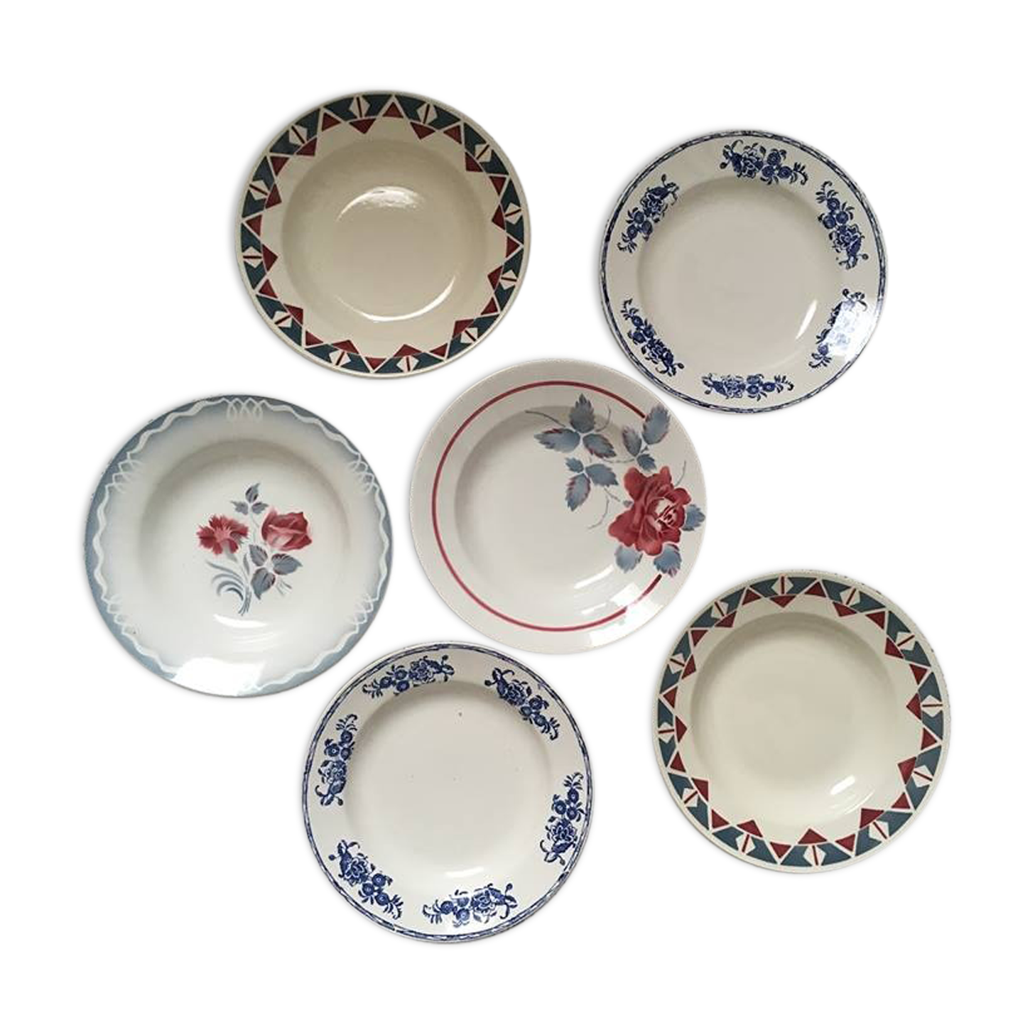 Six soup plates don't match in red and blue