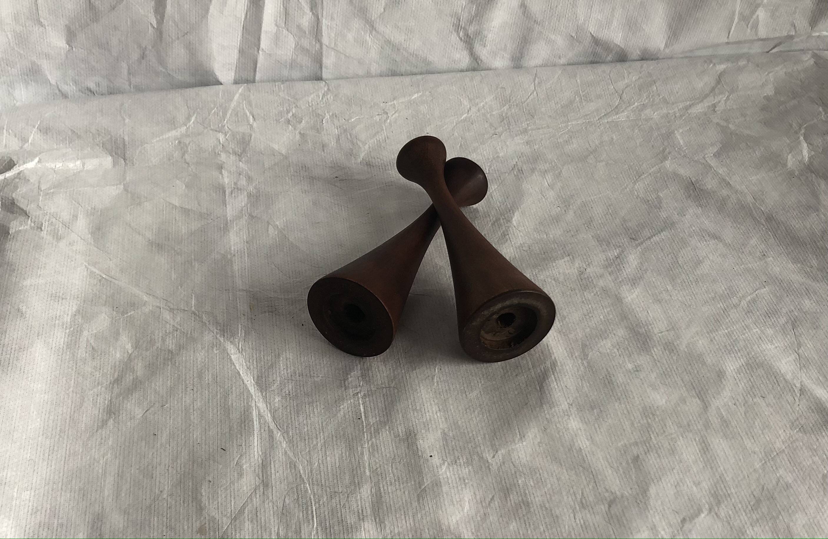 Pair of candlesticks in vintage stained birch wood, Scandinavian design