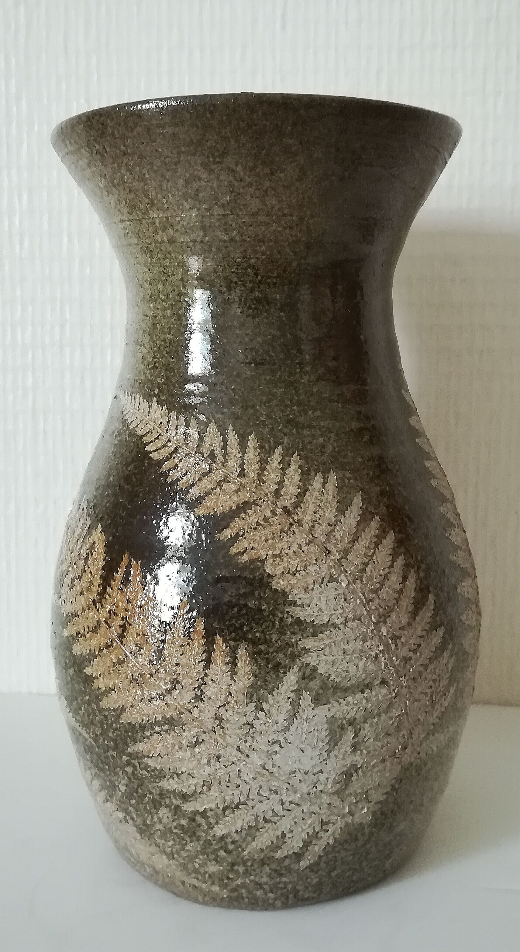 Vintage enamelled ceramic vase decorated with ferns