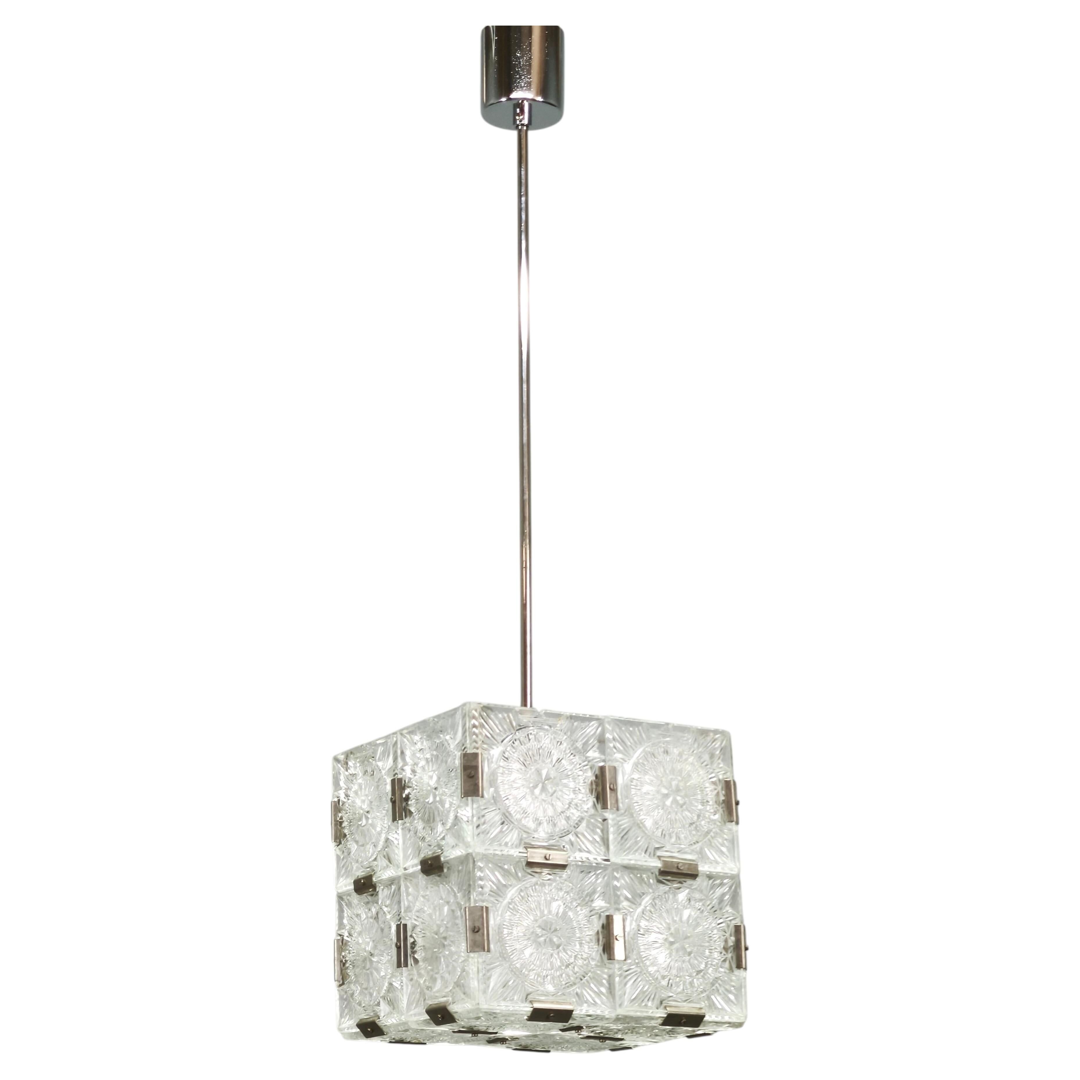 1970s Czech Geometric Pressed Glass and Chrome Cube Pendant Light
