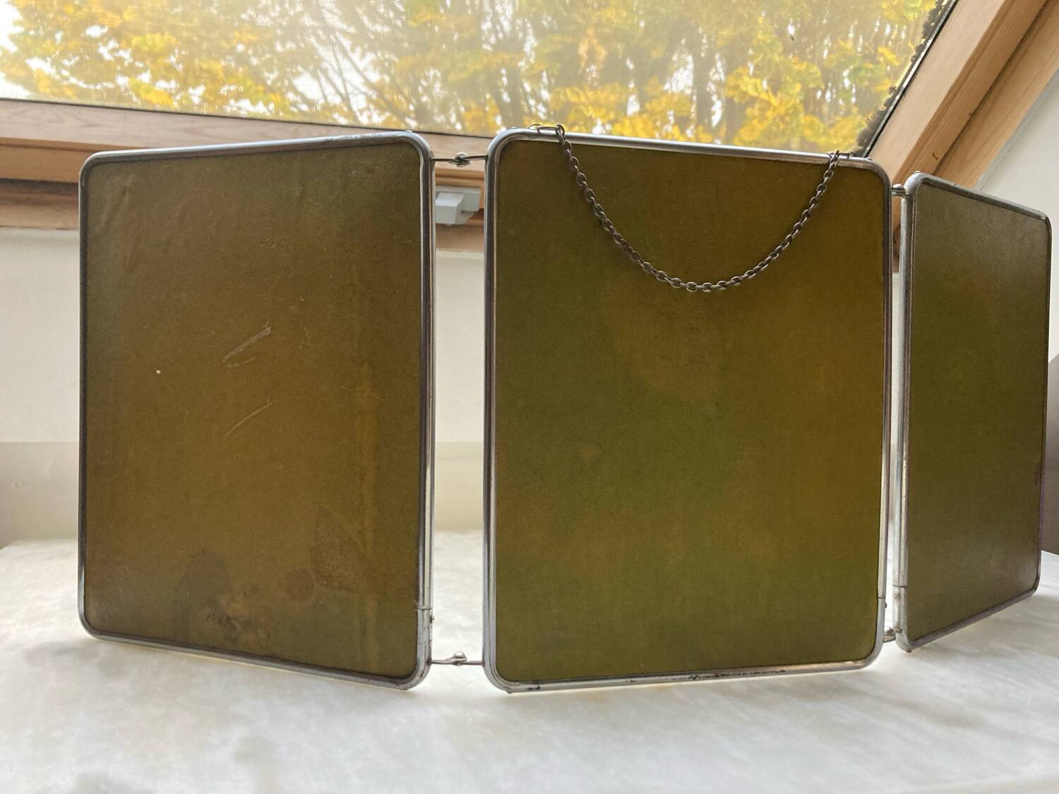 Vintage vertical beveled triptych barber mirror