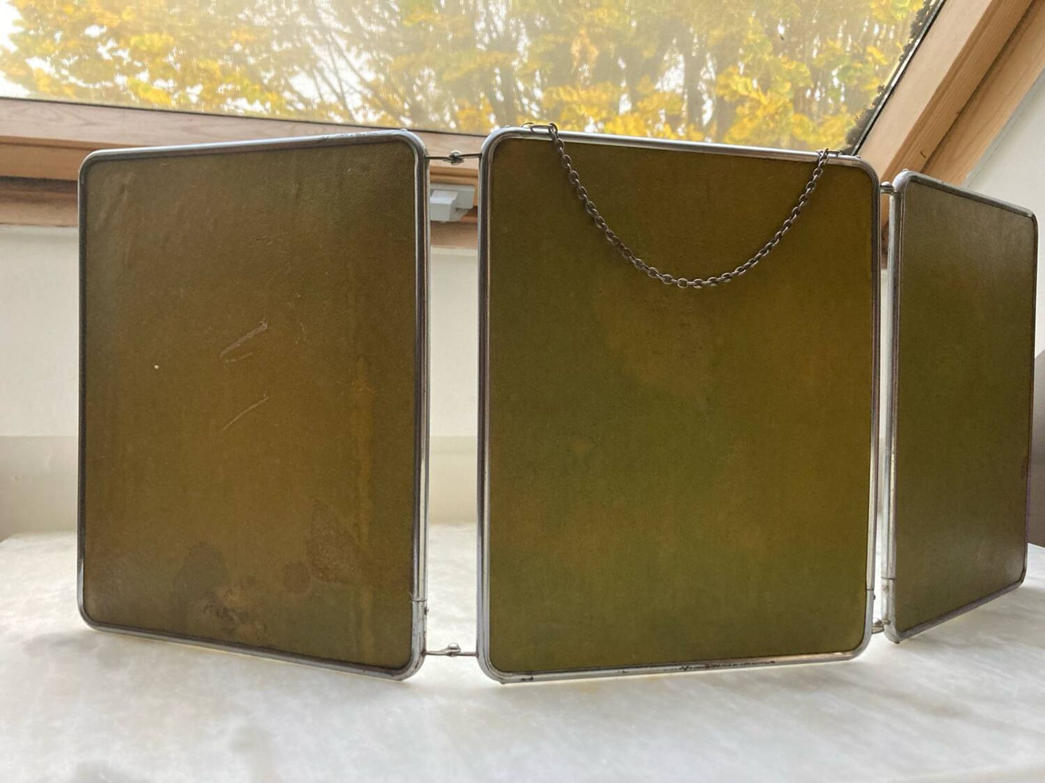 Vintage vertical beveled triptych barber mirror