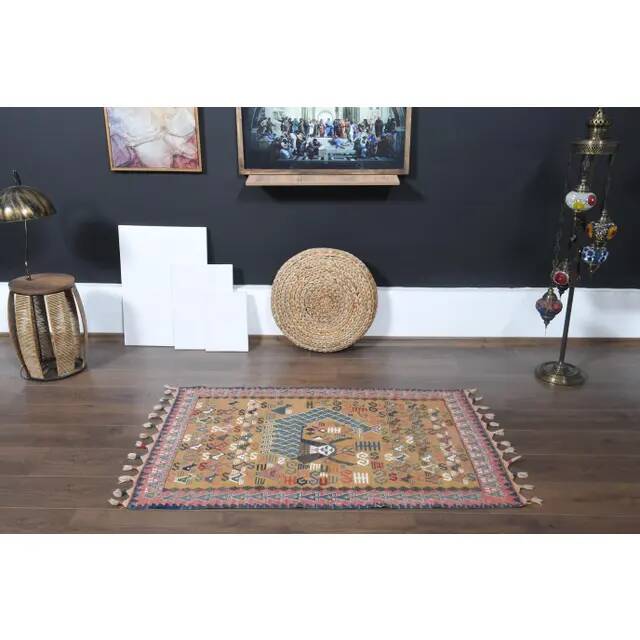 Shahmaran Motif Vintage Turkish Handmade Orange Kilim Rug  94x146