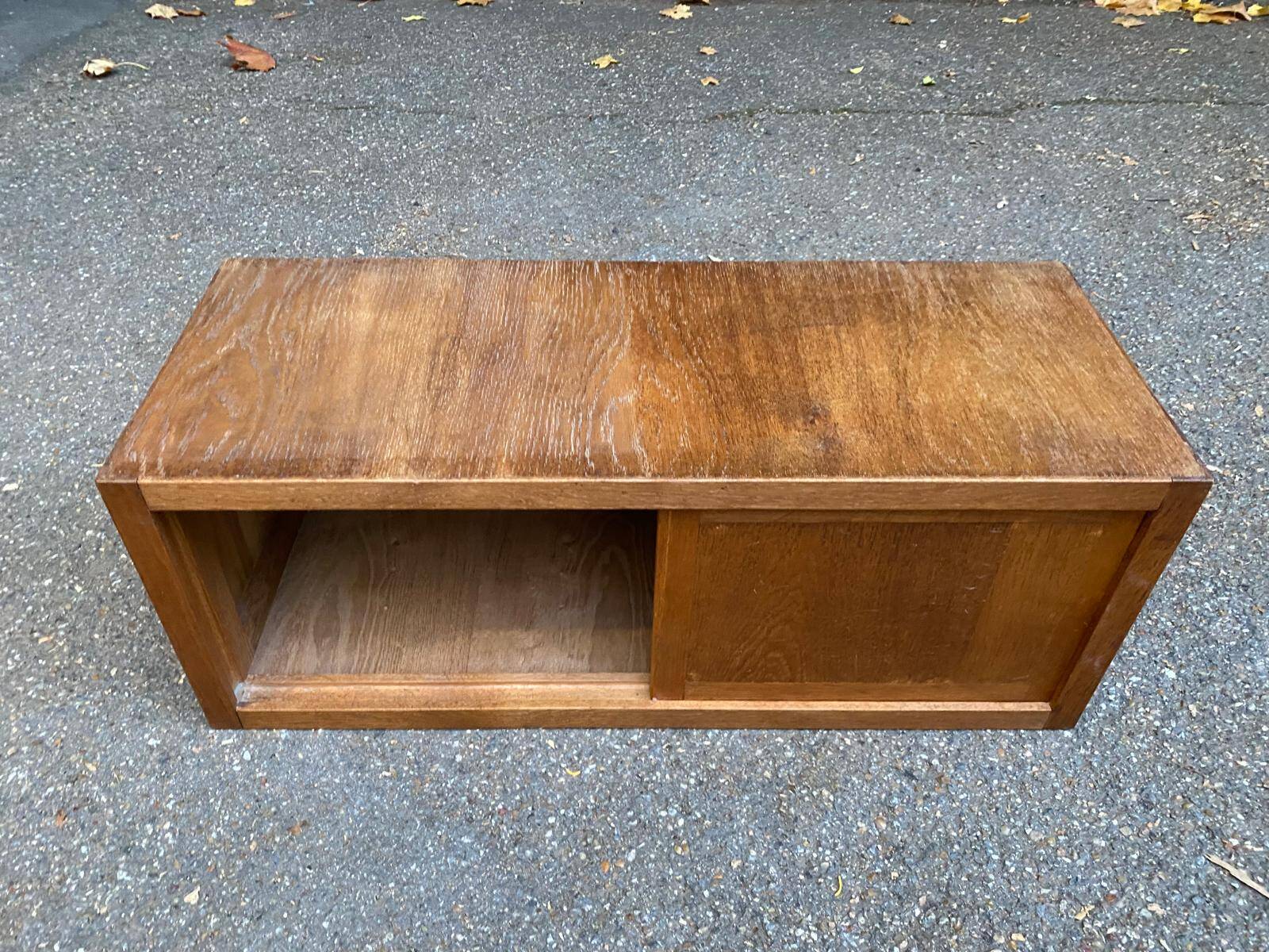 Horizontal filing cabinet with sliding curtains in oak