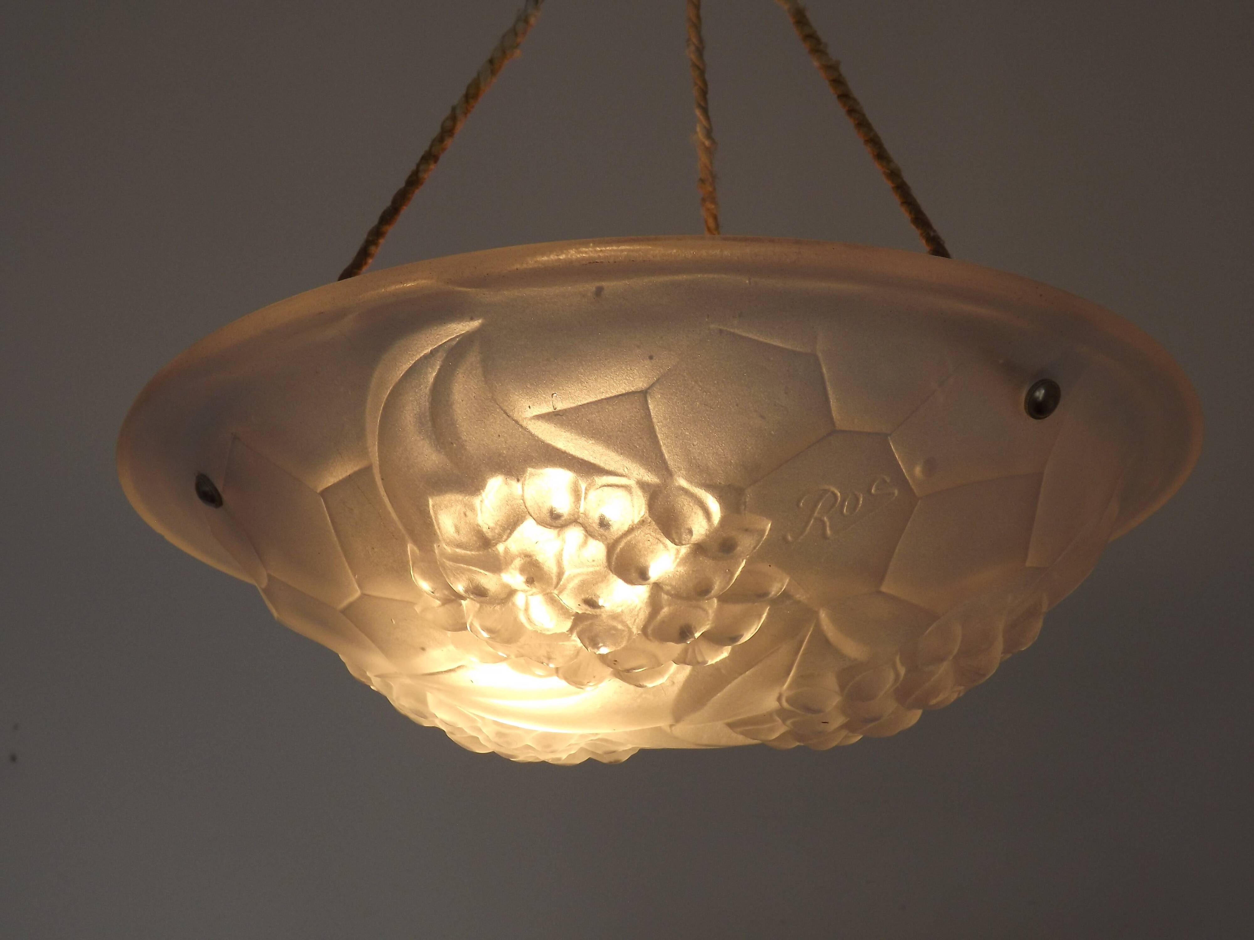 French Art Deco Ceiling Light ROS Degue Frosted Molded Glass Plafonnier