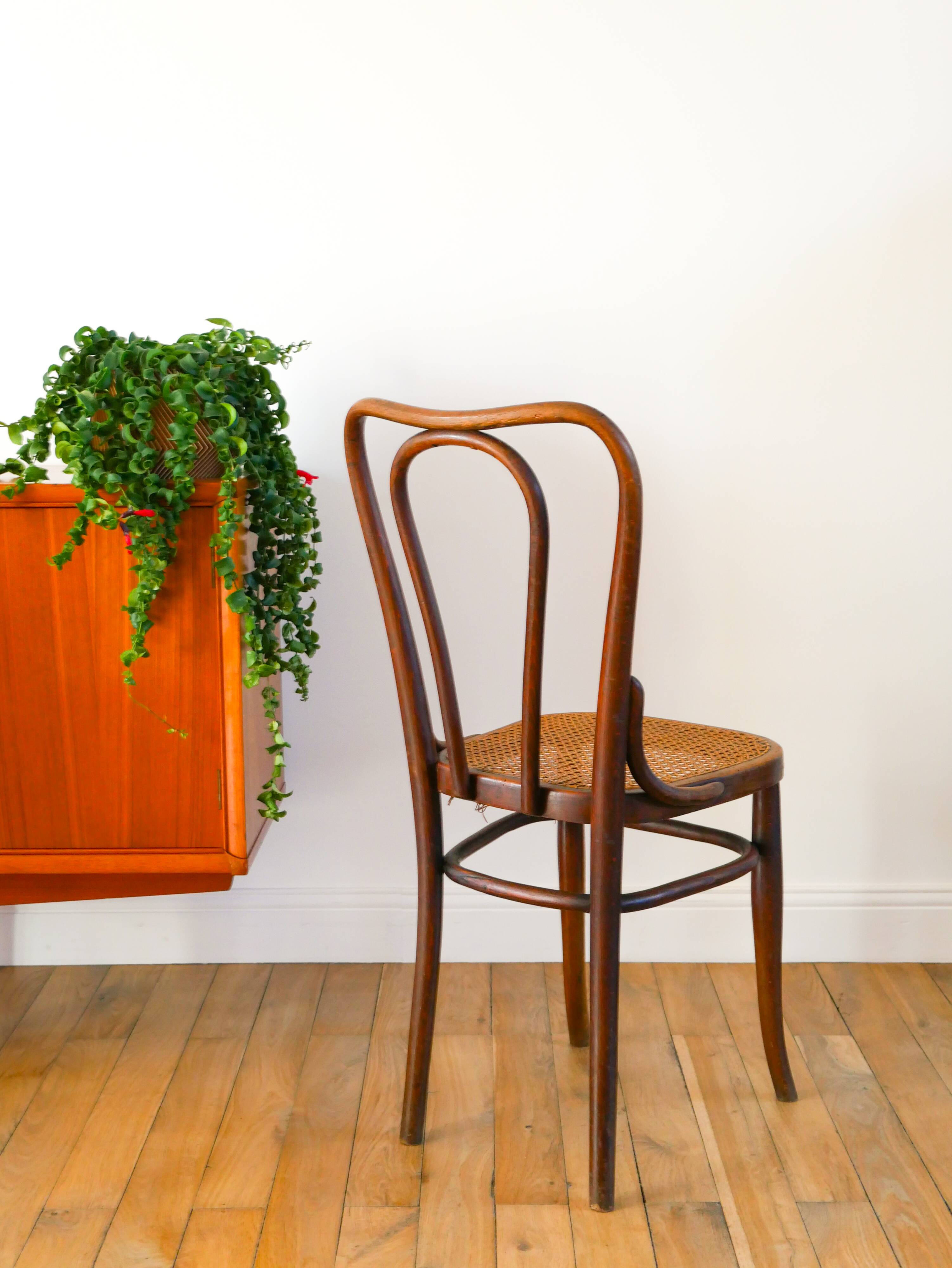 Set of 3 bistro chairs in wood and canework signed J. Kohn, Made in Austria, 20th century
