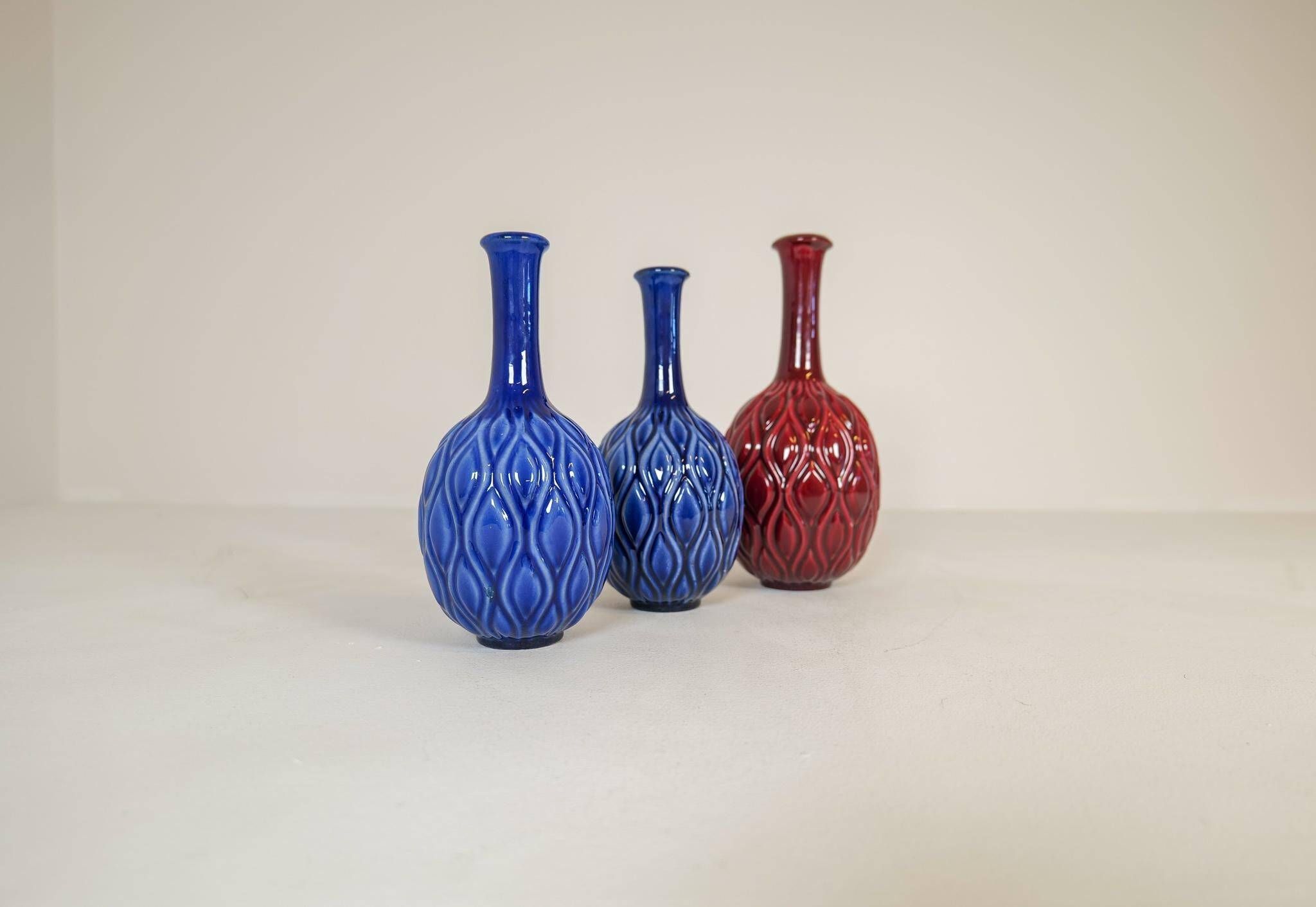 Blue and red peacock vases Midcentury Sven Erik Skawonius Upsala Ekeby, 1950s