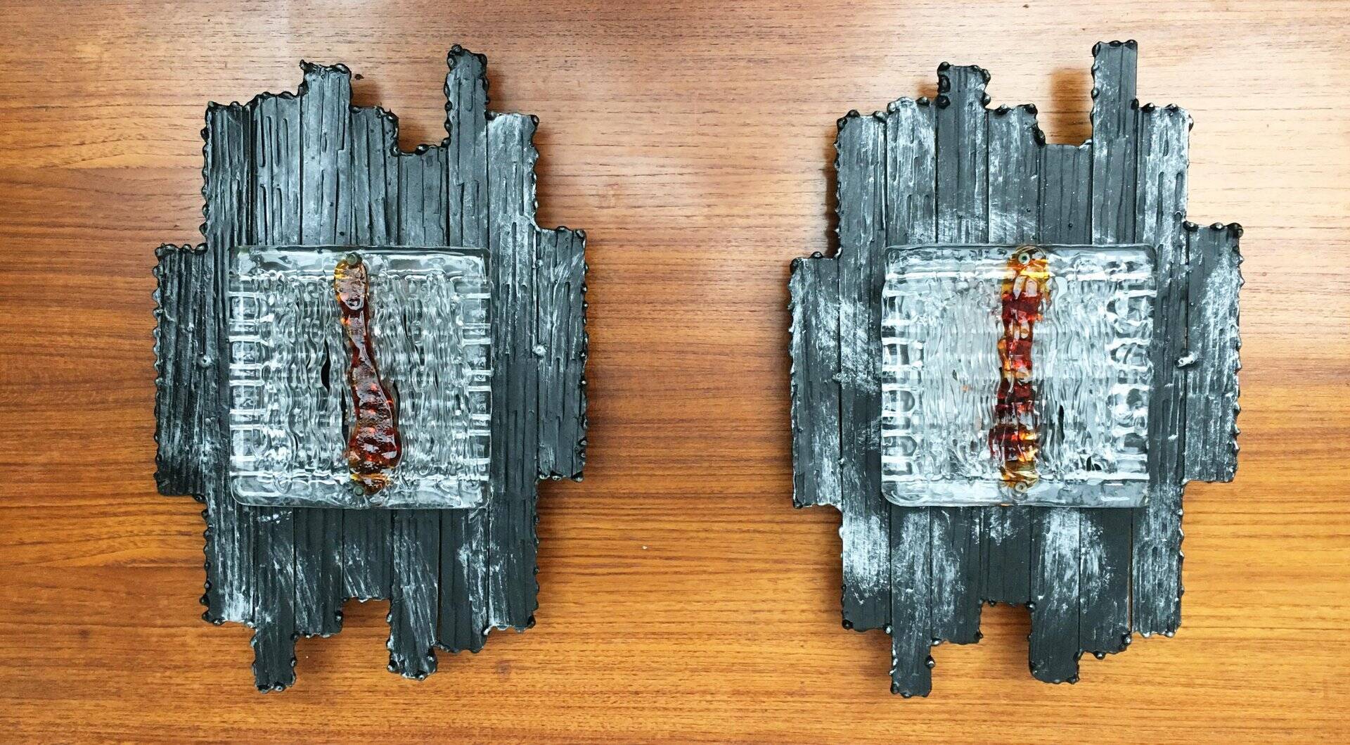 Vintage Italian brutalist wall light in wrought iron by Albano Poli for Poliarte, set of 2.