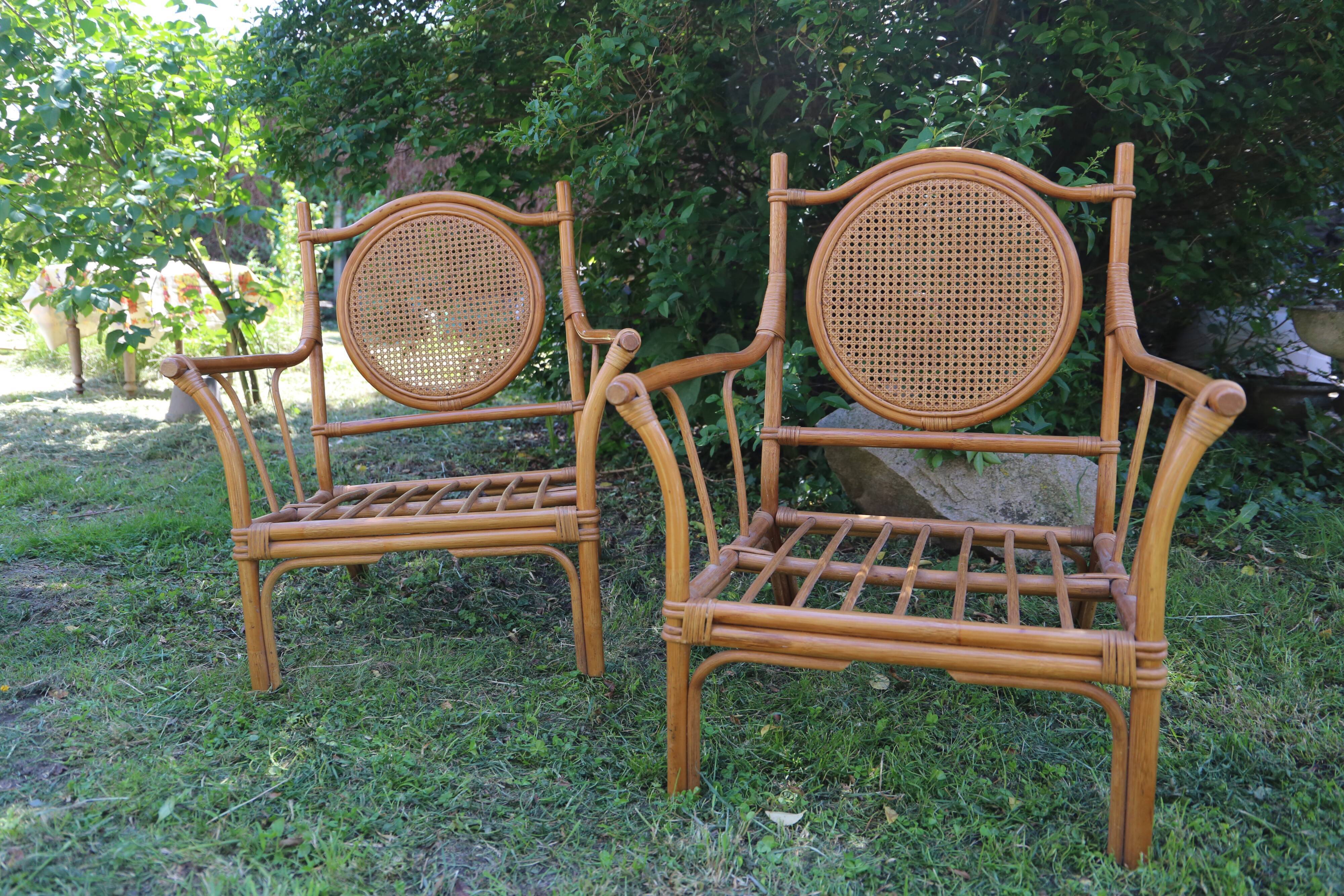 Duo of vintage rattan armchairs