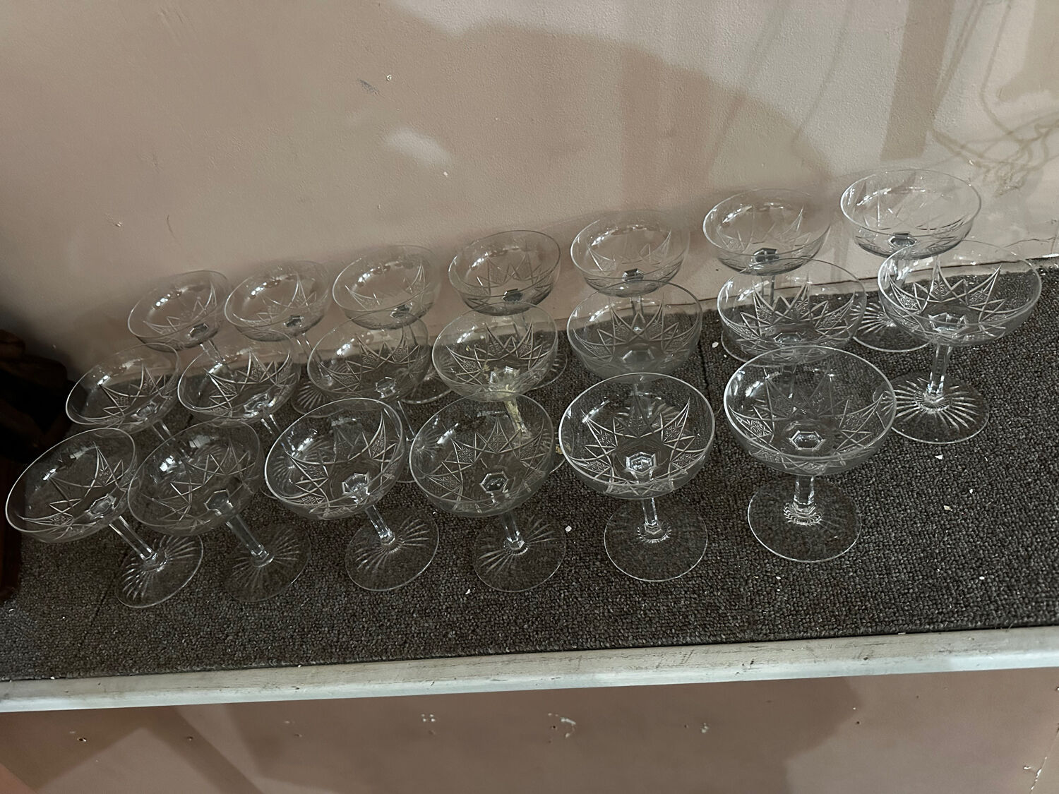 20 Crystal Champagne Coupes by Baccarat, Éperon model, before 1936.