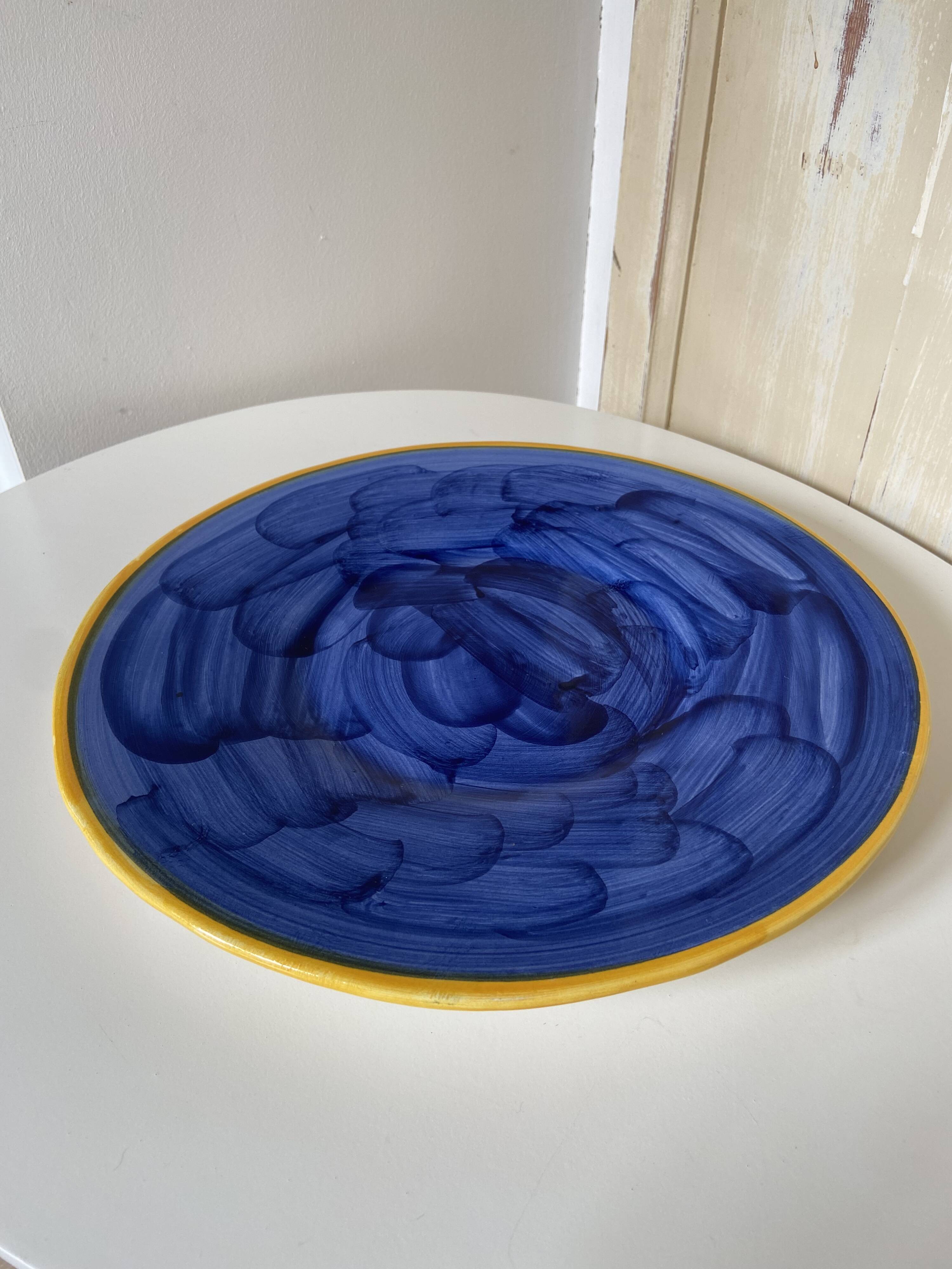 Large Vintage Blue Plate Greek Mediterranean Style - hand painted