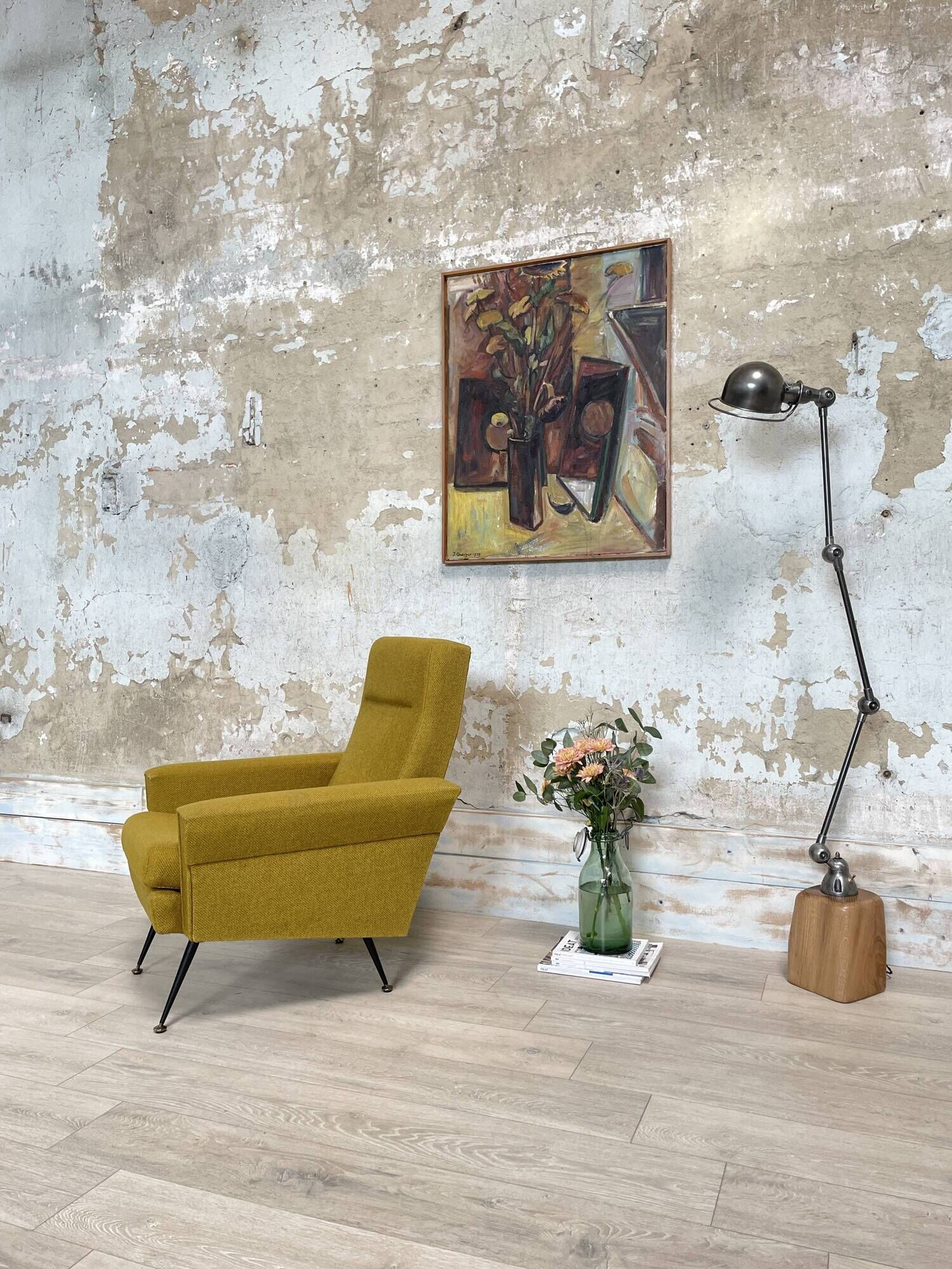 Vintage armchair in fabric and metal compass legs, circa 1950.