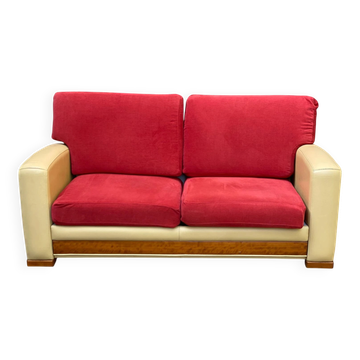 Art Deco 3-seater convertible sofa in genuine beige leather and red fabric from the 1980s.
