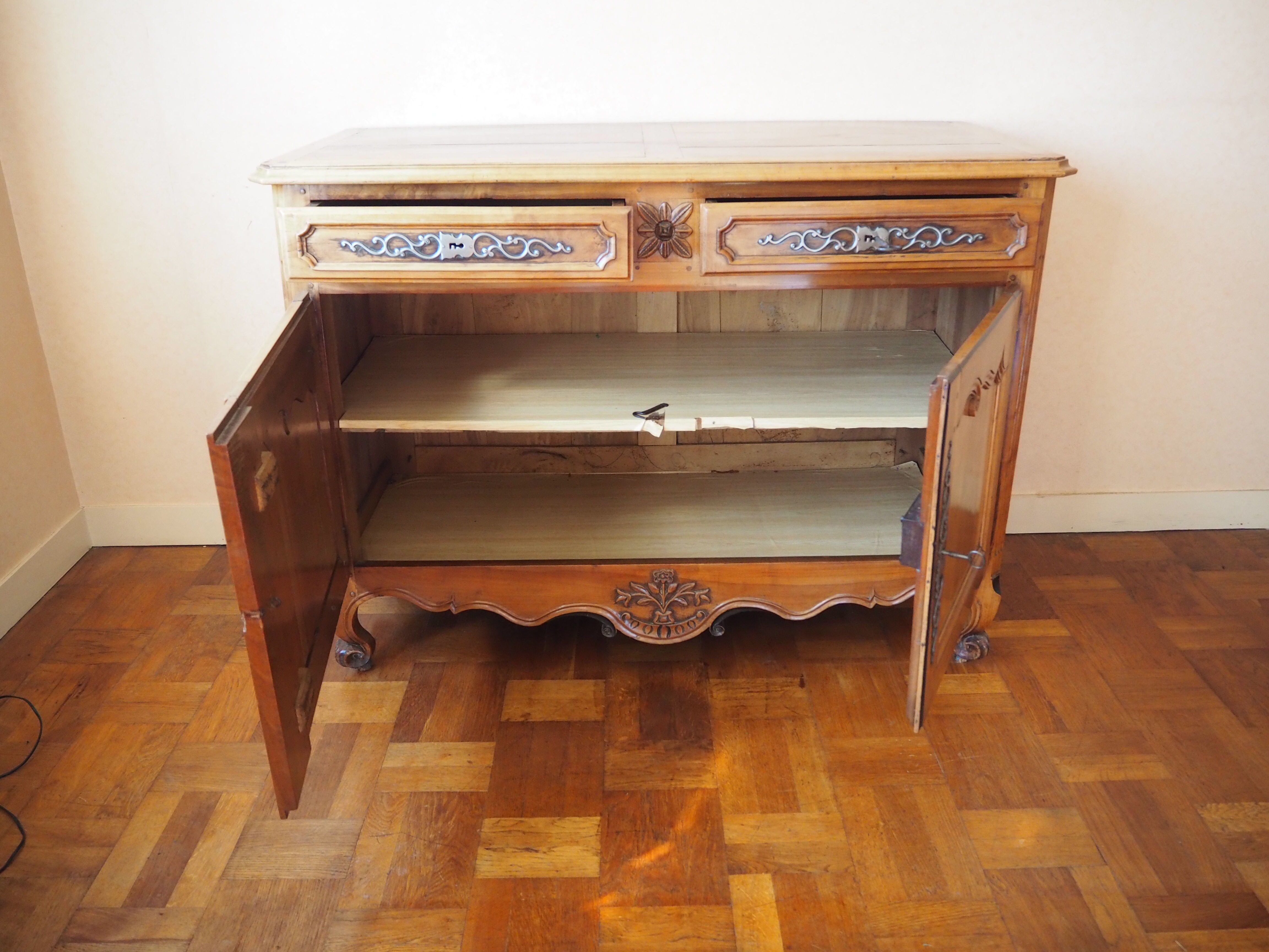 Old Louis XV low buffet in solid wood, cherry