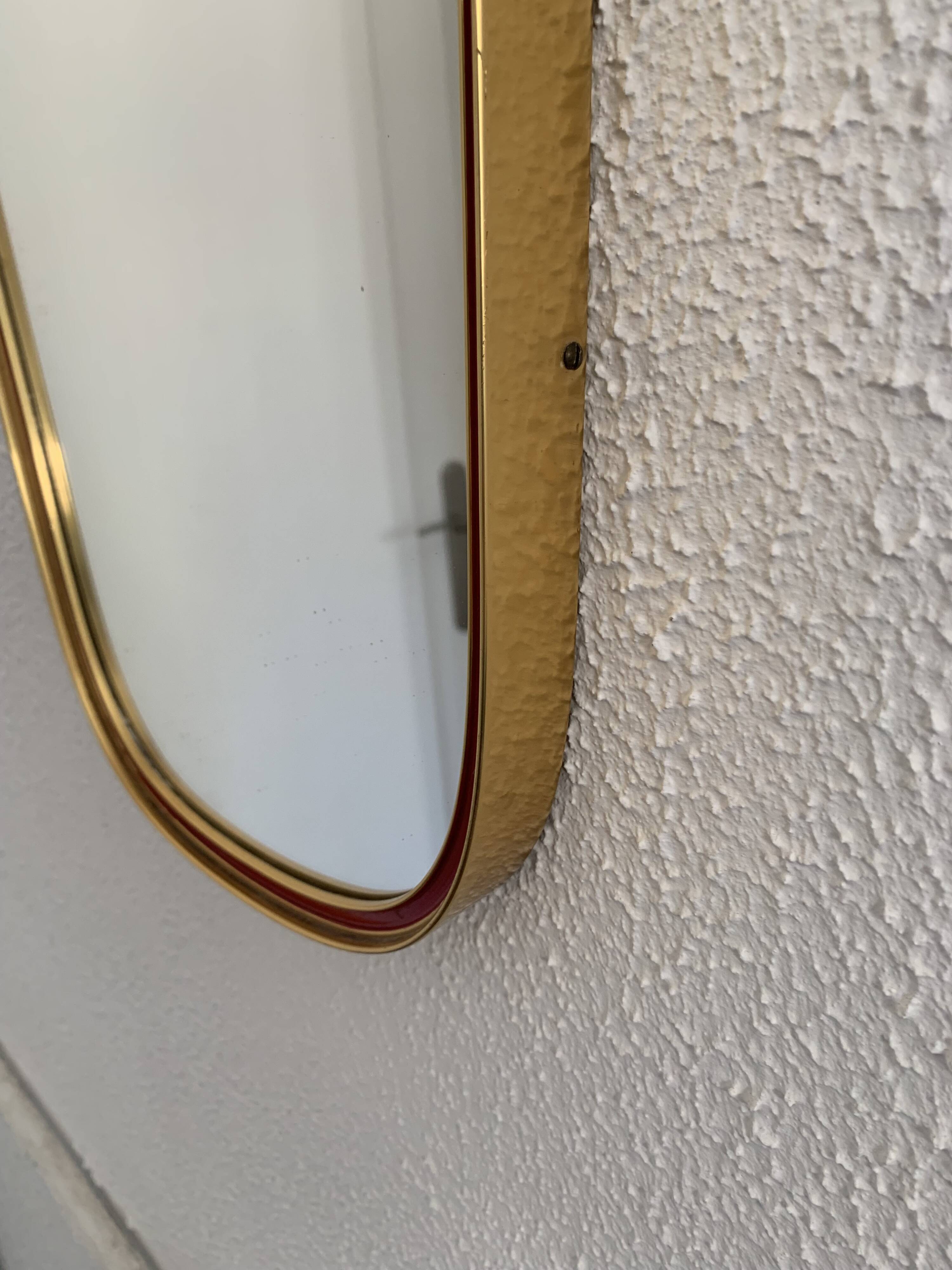 Vintage 1960s asymmetrical free-form rearview mirror, gold and red - 71 x 3