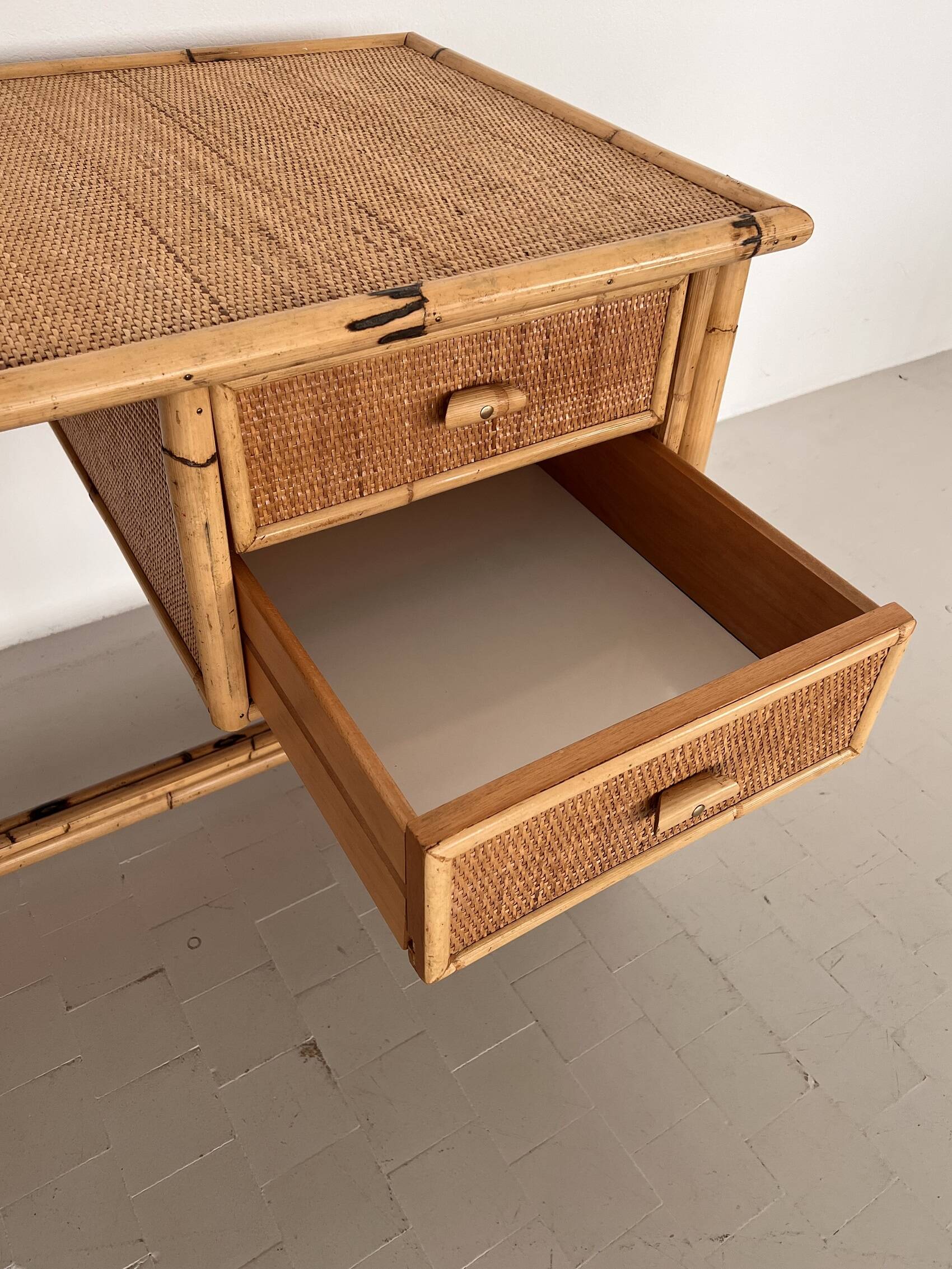 Italian Bamboo and Rattan Desk or Vanity with two Drawers, 1970s