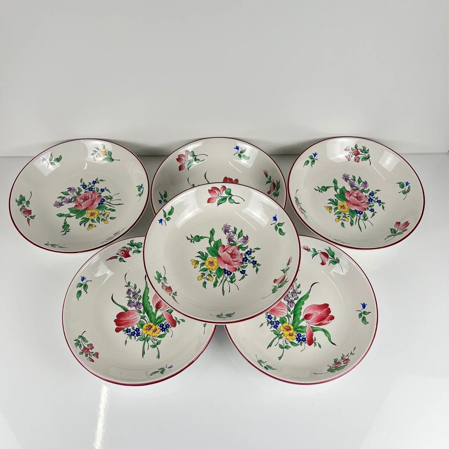Set of 6 calotte plates Model Réverbère by KG Lunéville, tulip & rose pattern.