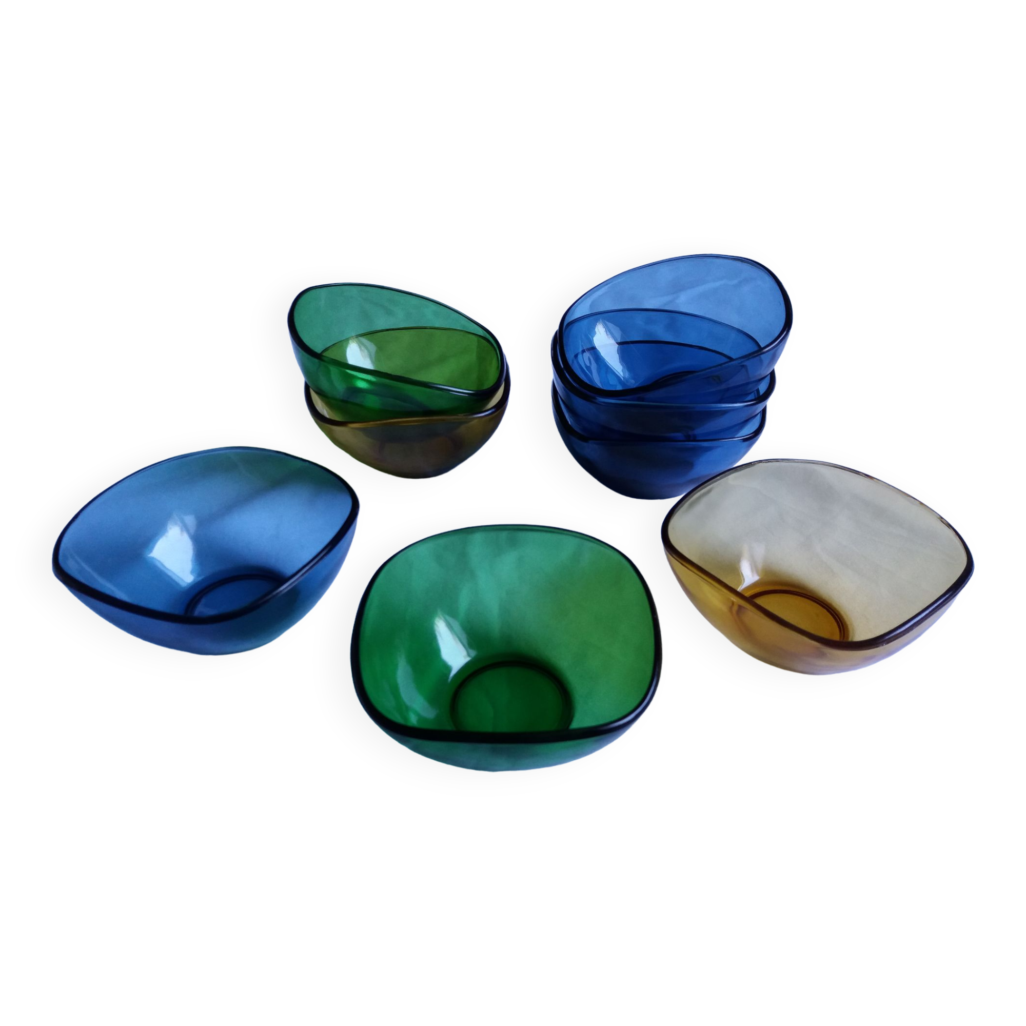 Vereco amber, blue and green glass cups set of 8