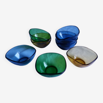 Vereco amber, blue and green glass cups set of 8