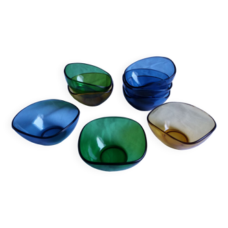 Vereco amber, blue and green glass cups set of 8