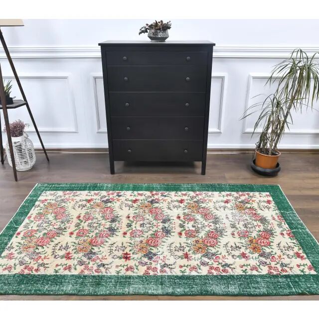 Turkish  Oushak vintage hand-knotted floral green rugs bordered 176x205