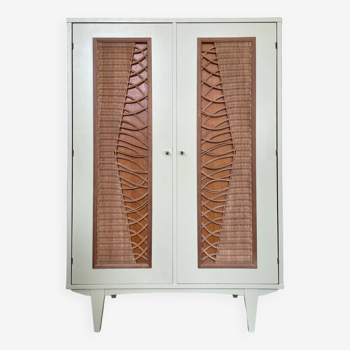 Vintage wood and rattan cabinet, circa 1960