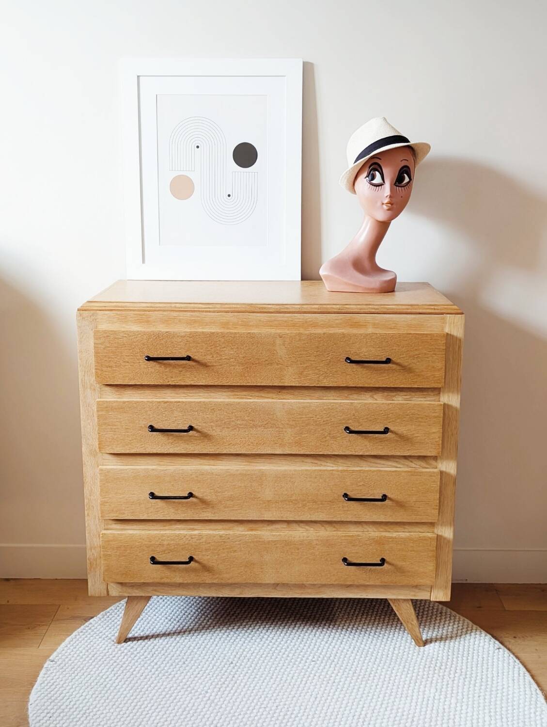 Vintage oak chest of drawers with splayed legs, restored