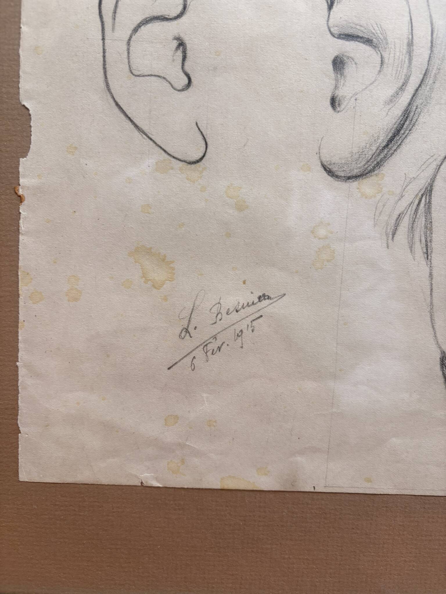 Old Charcoal Drawing Study Sketch Ear Mouth Face 1915 Signed