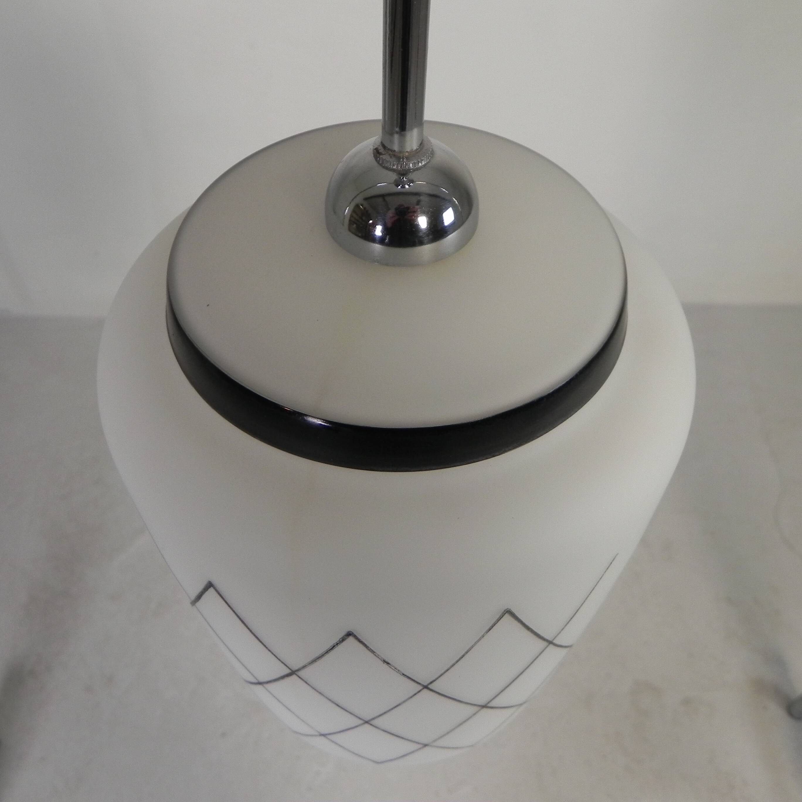 Vintage suspension with opaline lampshade and black decoration, 1950s.