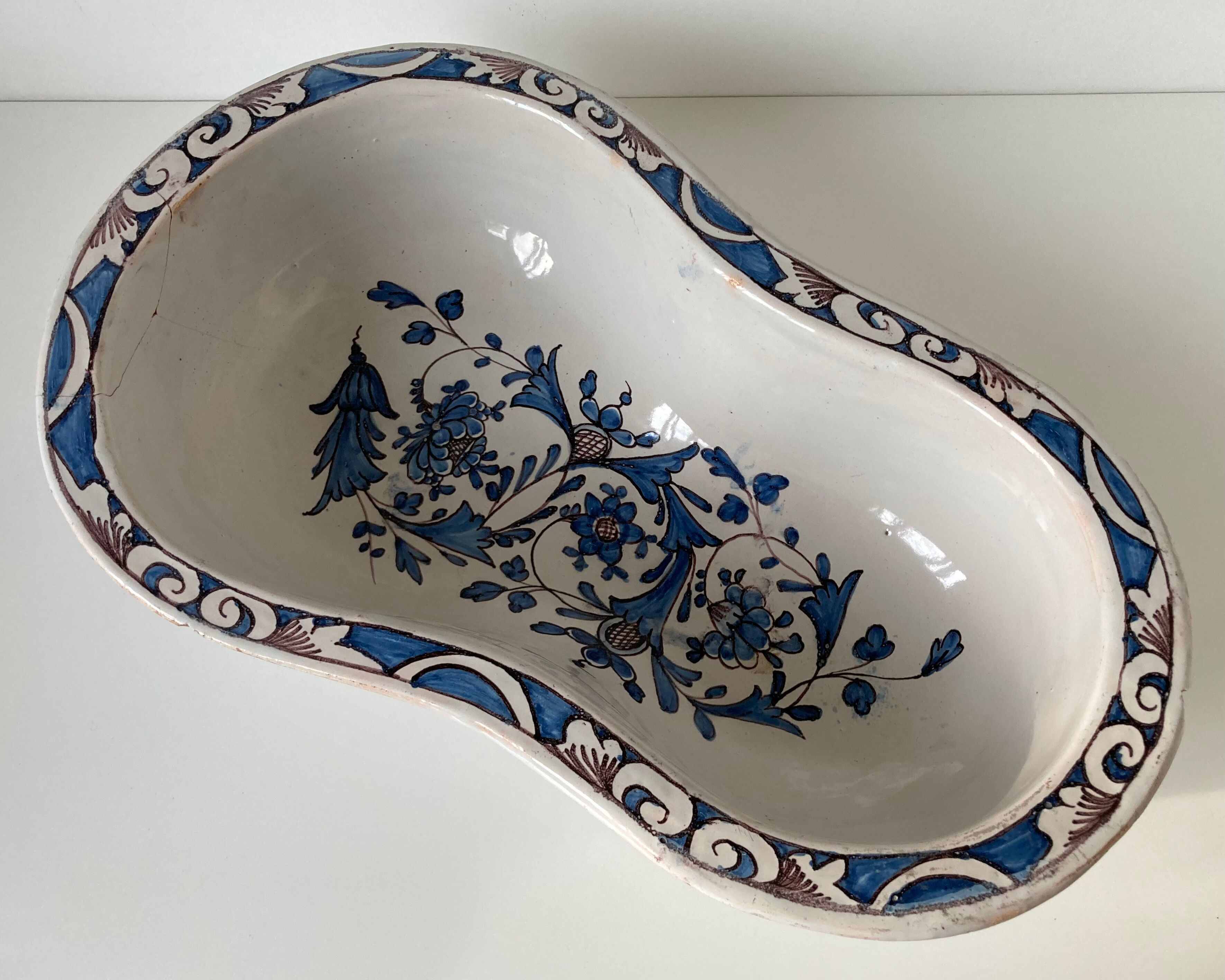 Large fruit cup in Rouen earthenware with blue and brown floral decoration p