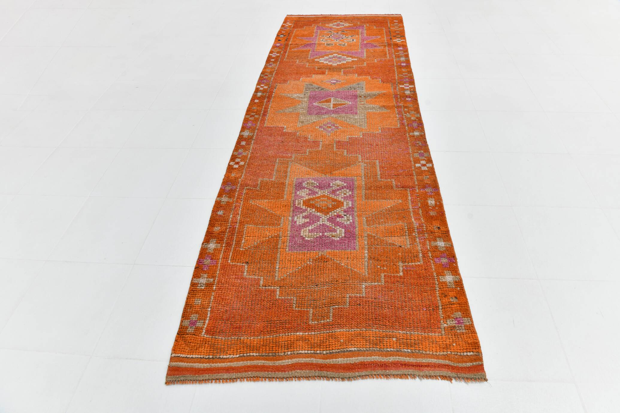 Orange & Pink Oushak Runner Rug, 103x325Cm