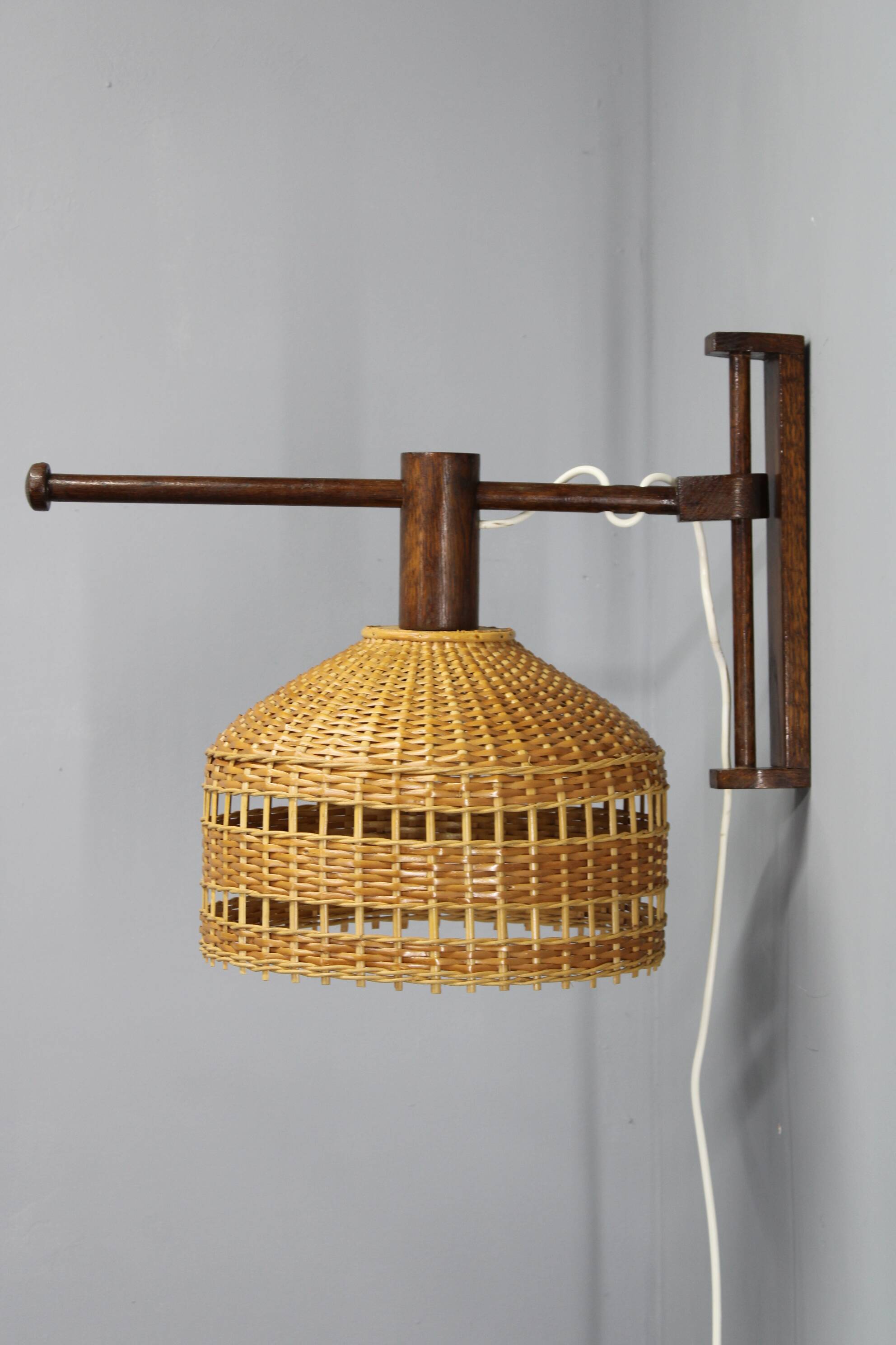 Adjustable mid-century wooden wall lamp with rattan shade, 1970s