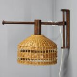 Adjustable mid-century wooden wall lamp with rattan shade, 1970s