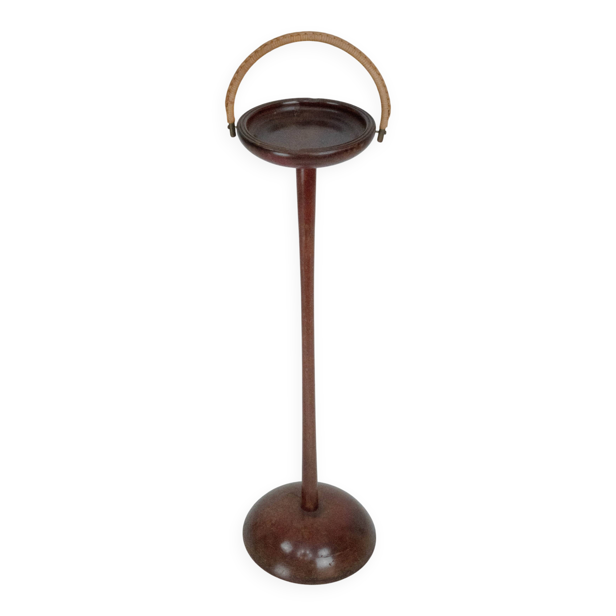 Vintage Wooden Ashtray Stand with Braided Leather Handle. Italy 1950s