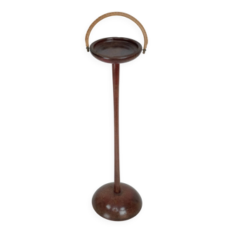 Vintage Wooden Ashtray Stand with Braided Leather Handle. Italy 1950s