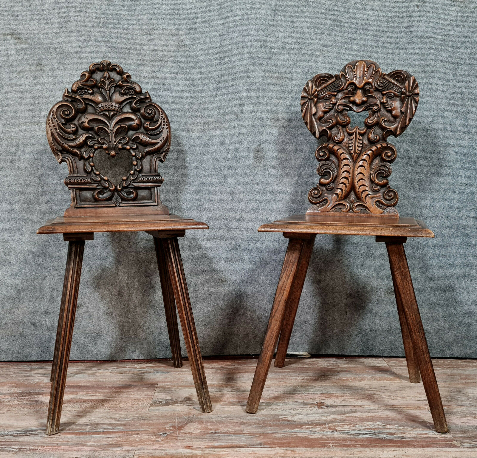 Set of chairs called Sgabello Renaissance style in solid walnut around 1850