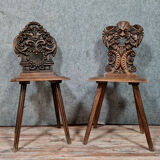 Set of chairs called Sgabello Renaissance style in solid walnut around 1850