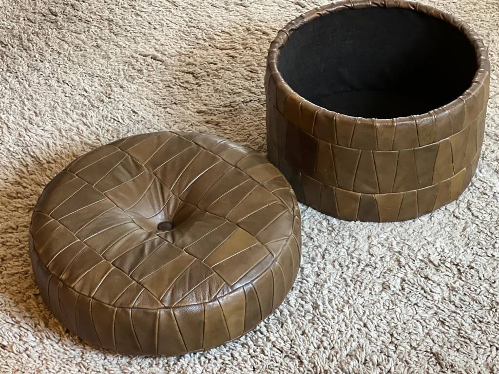 De Sede style khaki leather patchwork pouf / chest