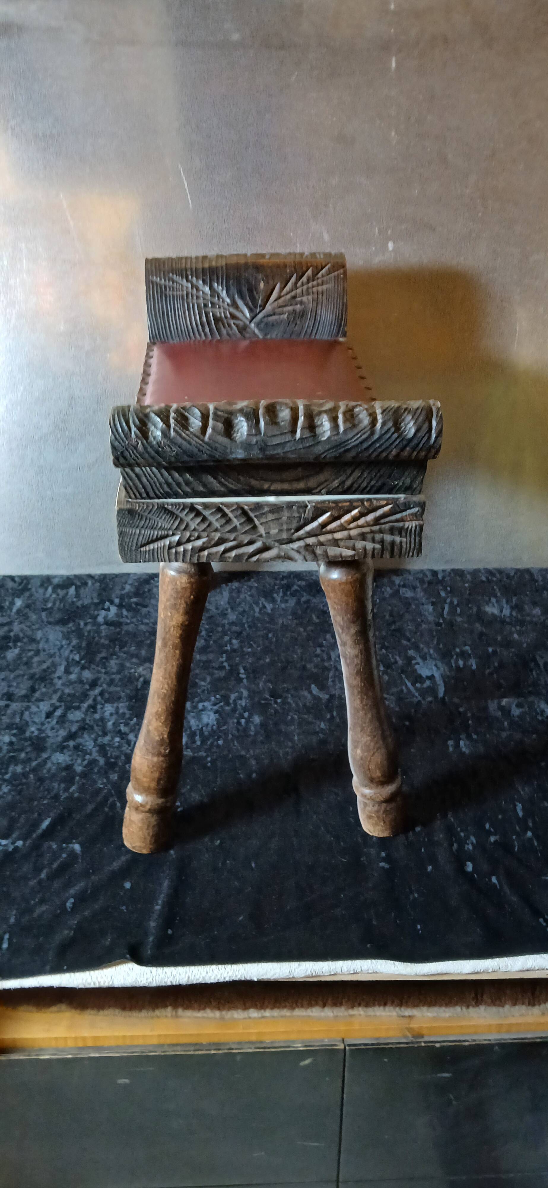 Carved wood and faux leather bench or vintage spanish ottoman footstool