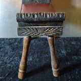 Carved wood and faux leather bench or vintage spanish ottoman footstool