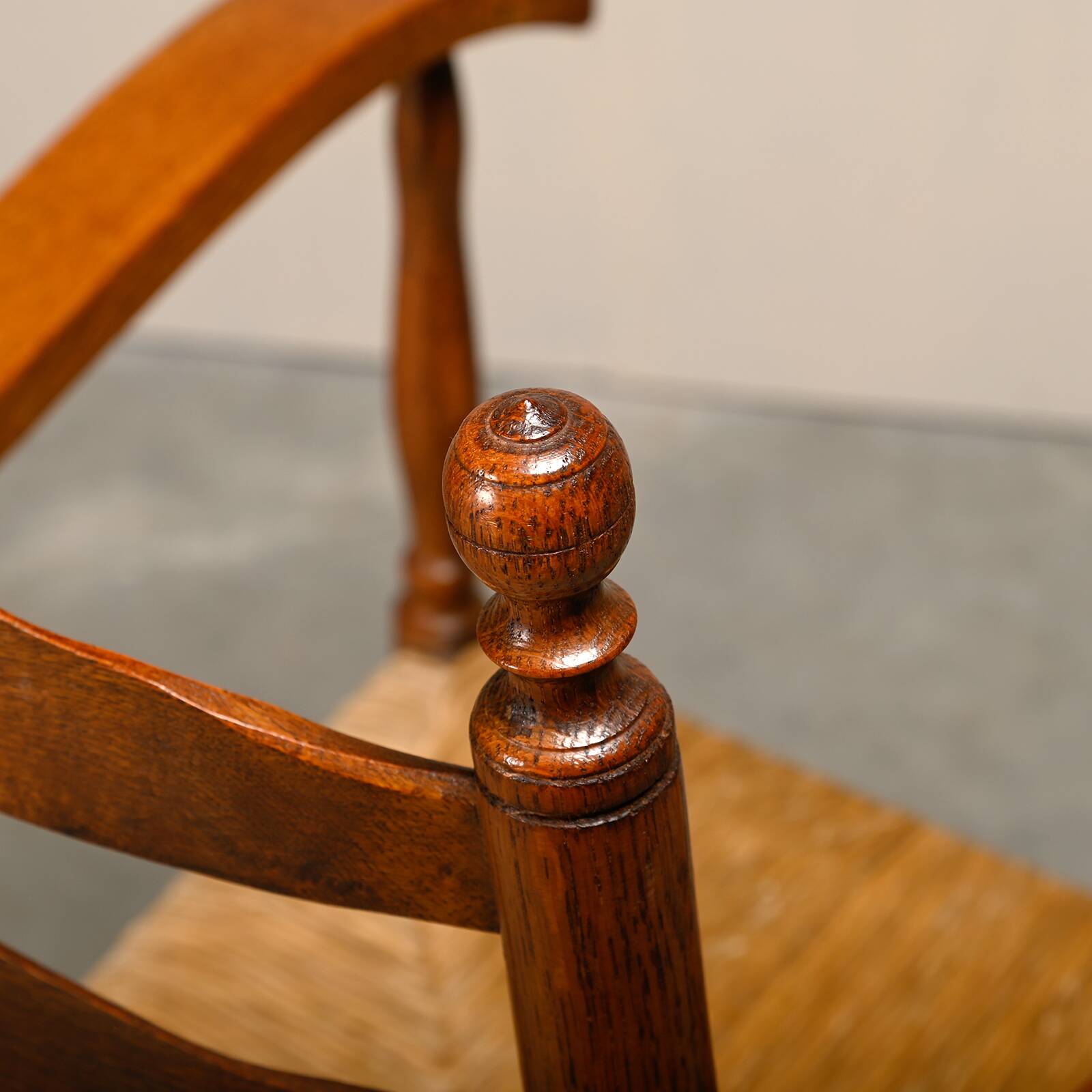 Rustic Armchair and Stool in stained oak and rush, France 1950s