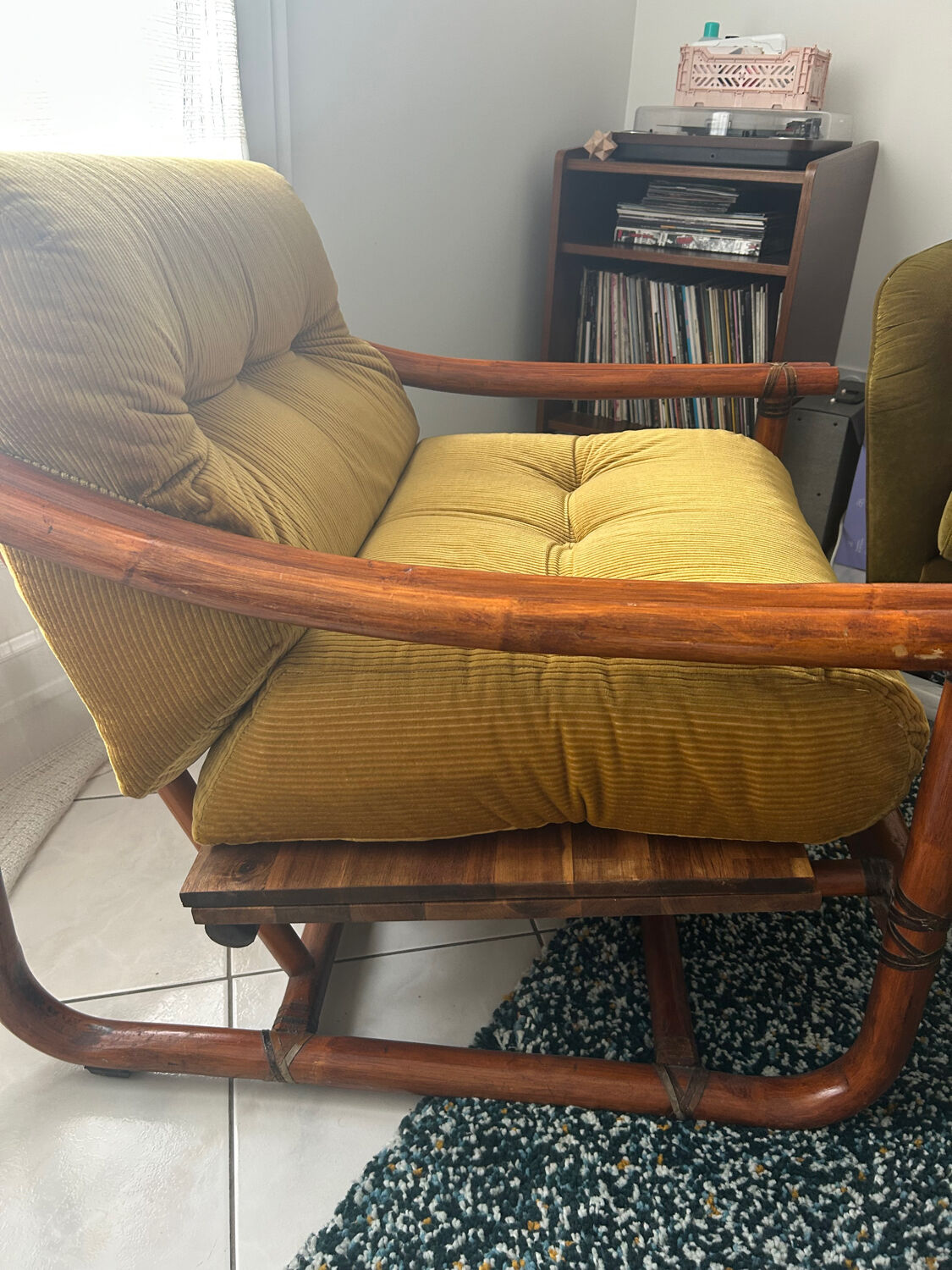 Magnificent velvet fabric rattan armchair - vintage