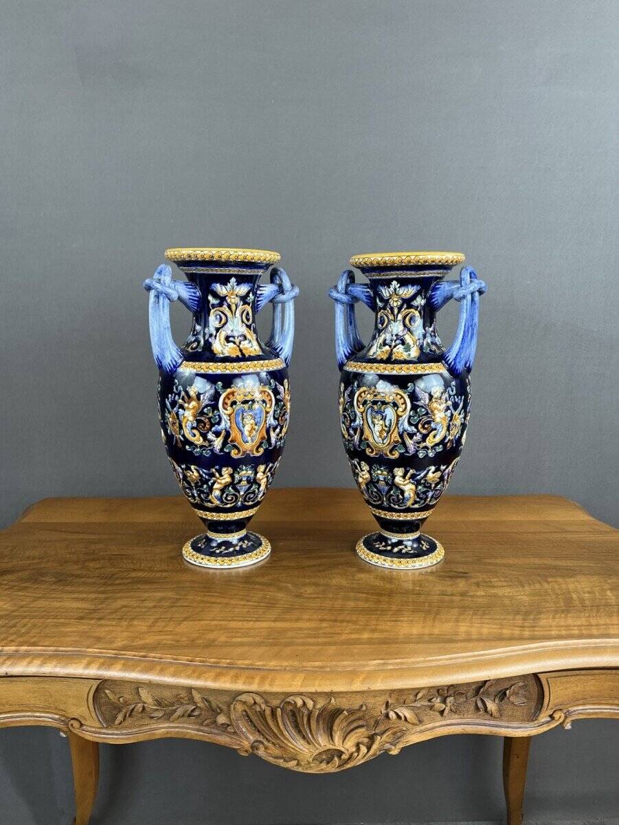 Pair of Gien Ceramic Vases Magnificent Renaissance Decor 20th Century