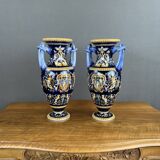 Pair of Gien Ceramic Vases Magnificent Renaissance Decor 20th Century