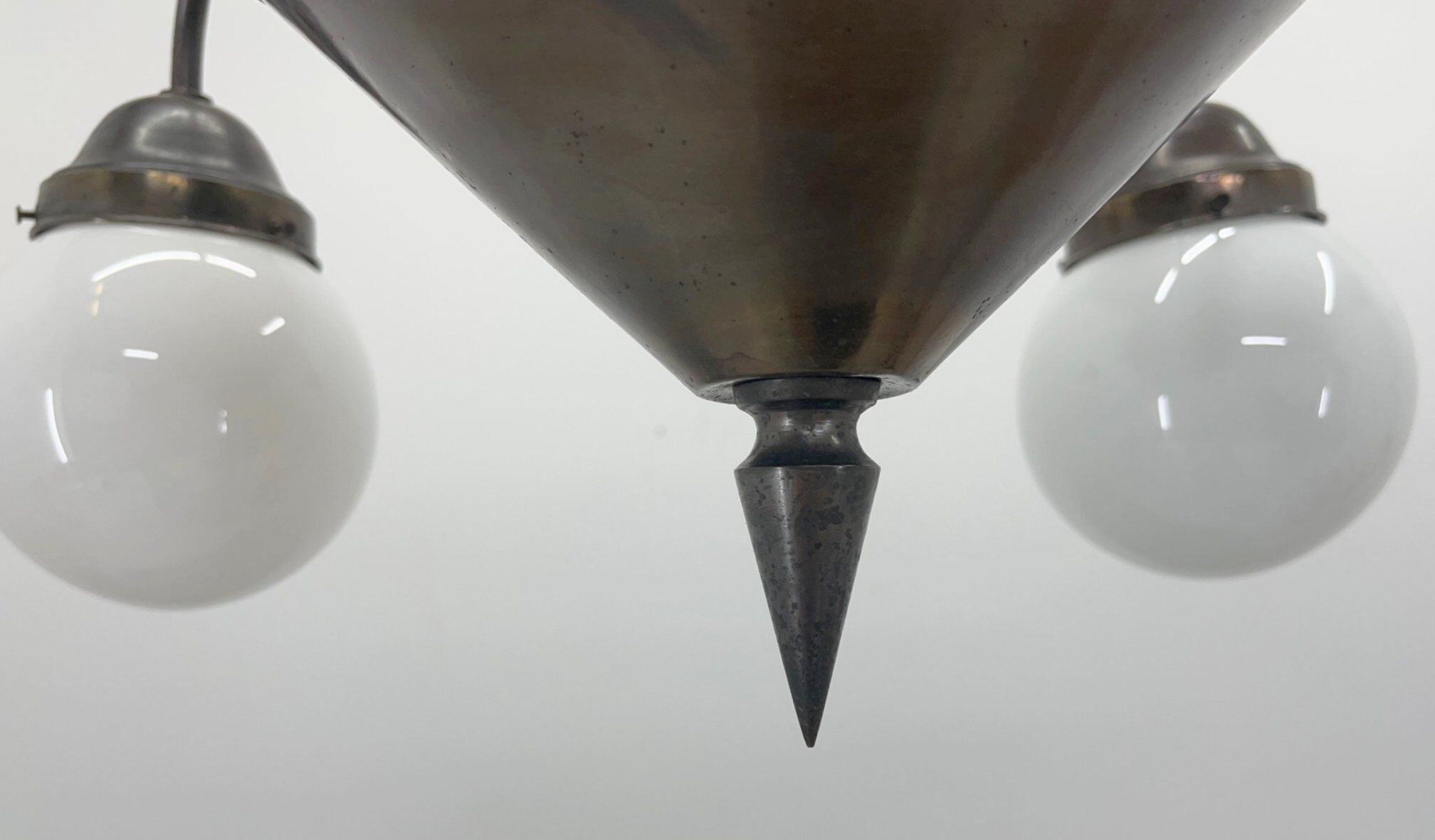 Art deco metal and milk glass chandelier, 1930's