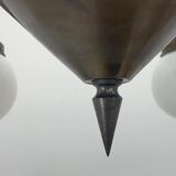 Art deco metal and milk glass chandelier, 1930's