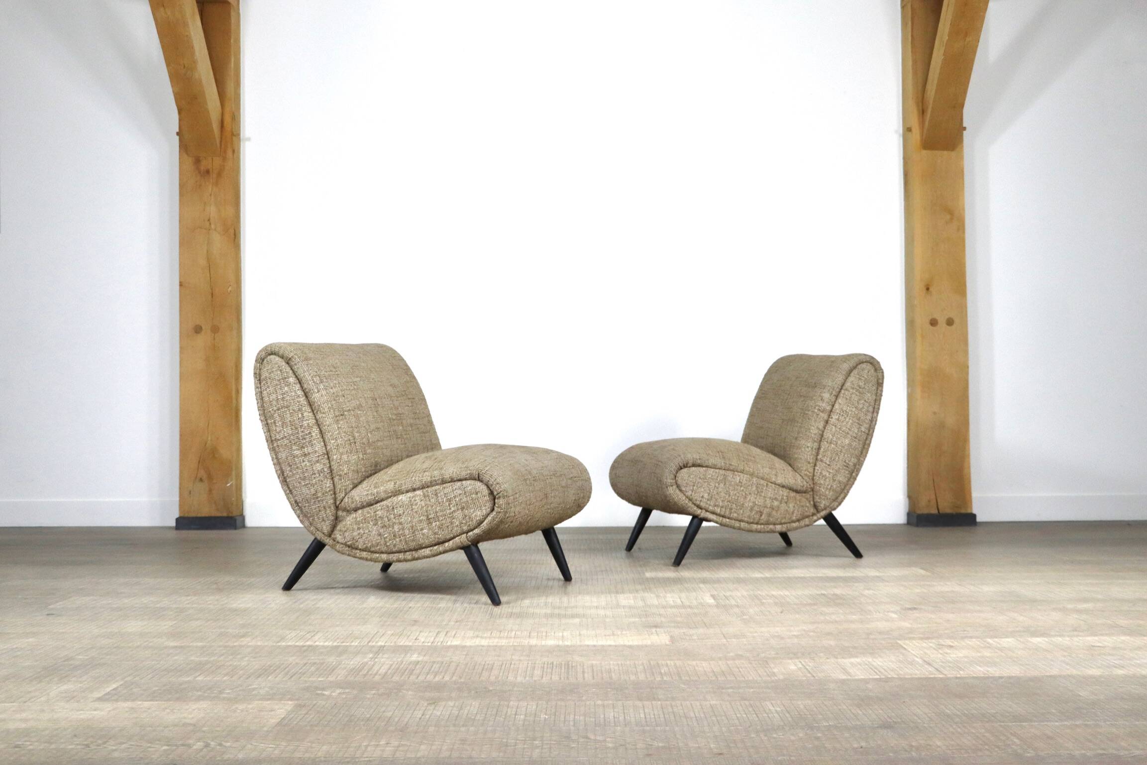 Pair Of Norman Bel Geddes Armchairs In Birch Wood & Original Wool Fabric, 1950s