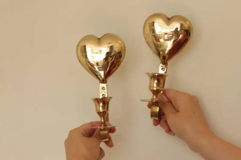 Vintage Brass Heart Shaped Wall Sconces