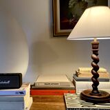 Turned wooden lamp, fabric cable, cotton lampshade.