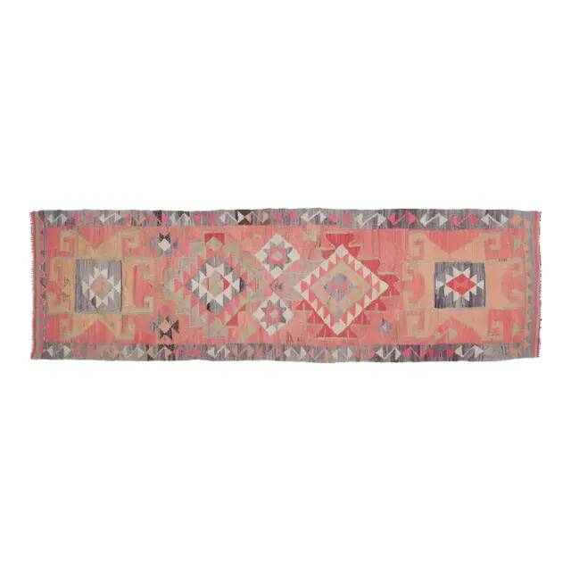 1970s Vintage Turkish Handmade Wool & Cotton Pink Runner Rug 94x306
